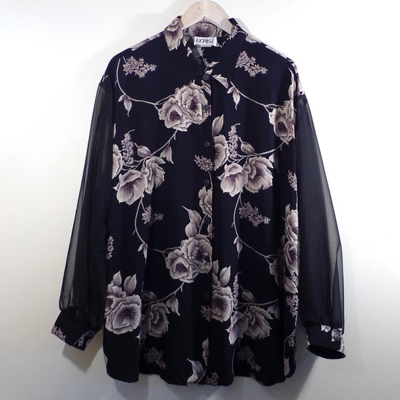 Vintage Sheer Sleeve Floral Print Long Top - Picture 2 of 3